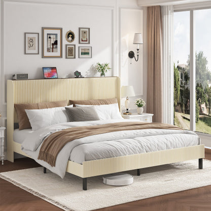 King Size Platform Bed , Metal Bed Frame with Charging Station, No Box Spring Needed, (Beige), Noise Free,Easy Assemble.