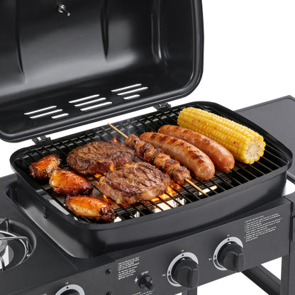 2 Burner BBQ Propane Gas Grill with Side Burner 24000 BTU Output Stainless Steel Barbecue Grill with Enameled Grates and Side Tables for Outdoor Cooking Kitchen and Patio Backyard