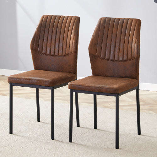 Striped Back Fabric Dining Chairs with Black Metal Legs, Set of 2, Brown