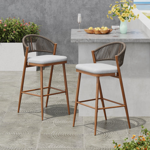 Outdoor 30.25" Seat Height Aluminum Frame Barstools with PE Rattan Scallop-shaped Backrest, Set of 2, Teak Finish