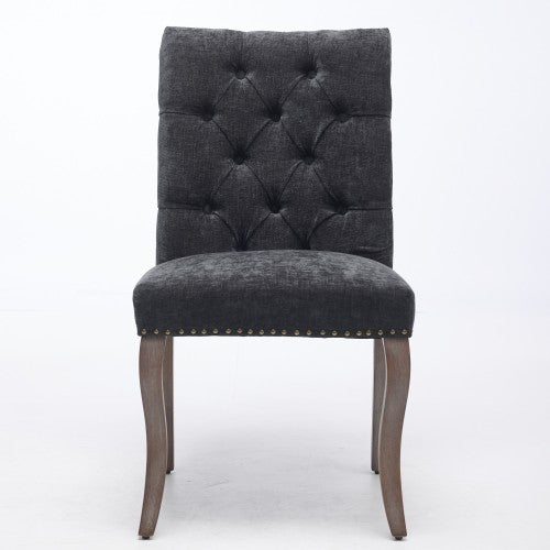 Upholstered Chenille Dining Chair Set of 2, Tufted Accent Chair with Curved Solid Wood Legs, Black
