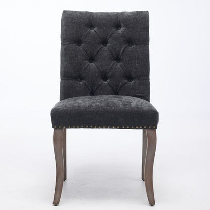 Upholstered Chenille Dining Chair Set of 2, Tufted Accent Chair with Curved Solid Wood Legs, Black