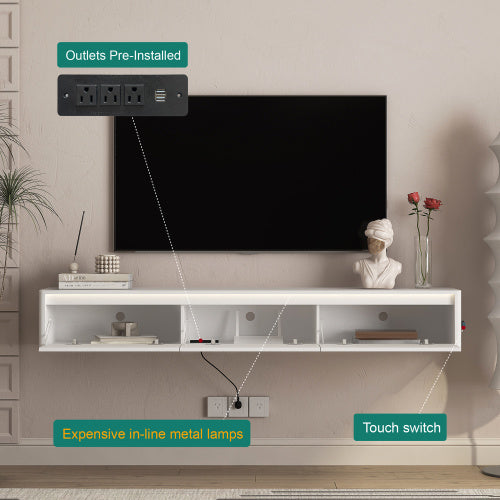White Floating Wall Mount TV Cabinet with Touch LED Light Strip & Power Charging Ports for Living Room