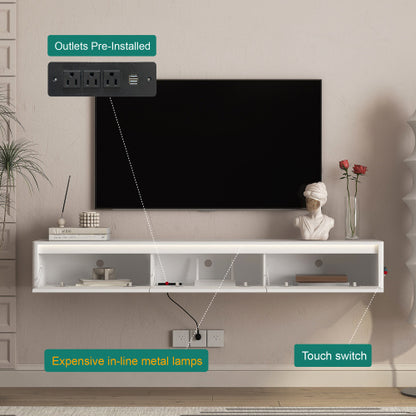 White Floating Wall Mount TV Cabinet with Touch LED Light Strip & Power Charging Ports for Living Room