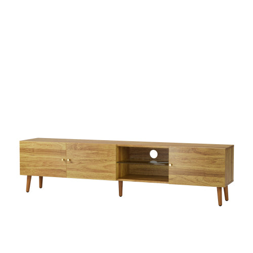 69 Inch Mid-Century Oak TV Stand 3-Door MDF Media Console Solid Pine Legs Holds TVs Up To 70 Inch