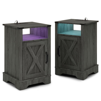 LED Nightstand Set of 2 with Charging Station, Farmhouse End Table with Storage