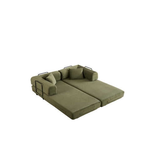 Green Corduroy Convertible Sleeper Sofa Bed with Cylindrical Pillow