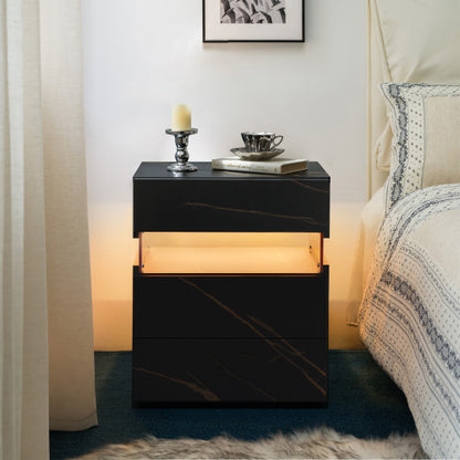 Black & Gold 3-Drawer LED Nightstand with Acrylic Panel