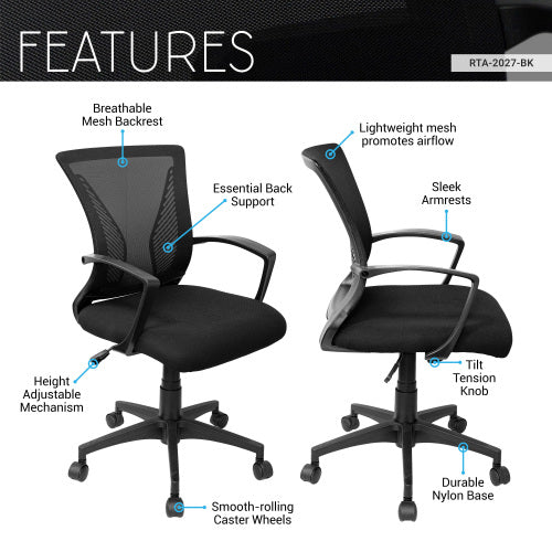 Ergonomic Mesh Office Chair, Breathable Black Task Chair for Home Office or Study with Adjustable Height & Tilt, Affordable Desk Chair with Lumbar Support, Swivel Base & Armrests