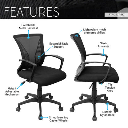 Ergonomic Mesh Office Chair, Breathable Black Task Chair for Home Office or Study with Adjustable Height & Tilt, Affordable Desk Chair with Lumbar Support, Swivel Base & Armrests