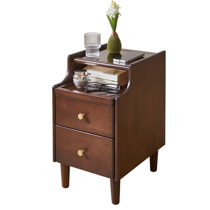 Solid Wood Nightstand with Drawer, Open Shelf and Pull-Out Storage Panel