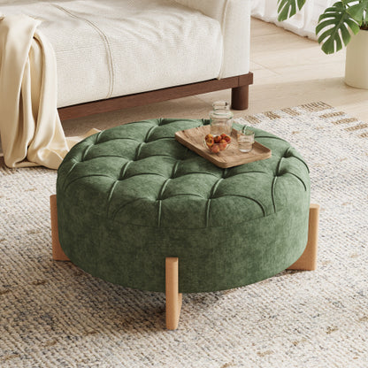 Green Round Chenille Tufted Ottoman, 32 Inch Button Tuft Footrest with L-Shaped Rubberwood Legs, 250 LBS Capacity