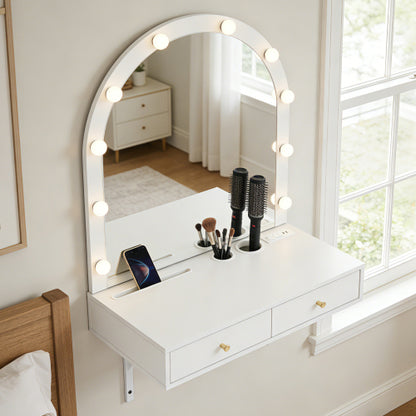 White Floating Wall Mounted Vanity Desk with LED Mirror, 3 Color Lights, Power Outlet & USB, Large Storage