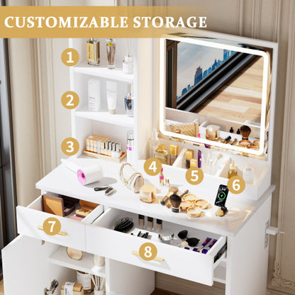 White Vanity Desk with Mirror & Lights, Power Outlet, 3 Lighting Modes, Cabinet Drawers, Shelves & Storage Stool