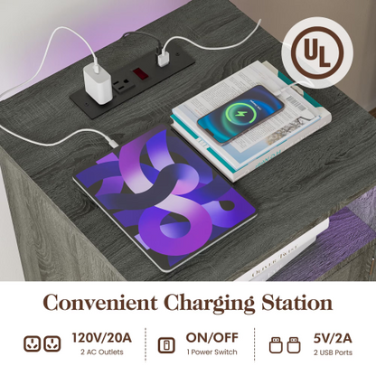 LED Nightstand with Charging Station, Farmhouse Wooden Side Table with Storage Cabinet