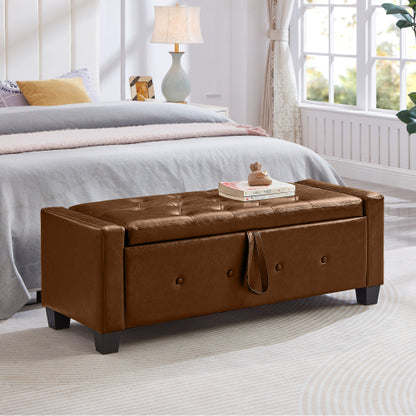 Brown Tufted PU Faux Leather 48 inch Storage Ottoman Bench, Entryway & Bedroom Shoe Bench