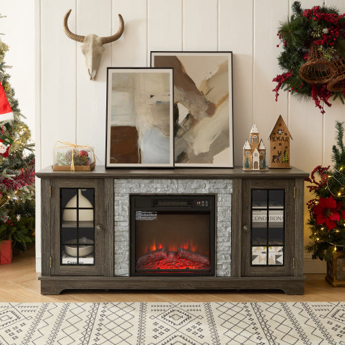 58 Inch Grey Faux Stone Electric Fireplace Media Console 18 inch Heater TV Stand for 65 Inch TV