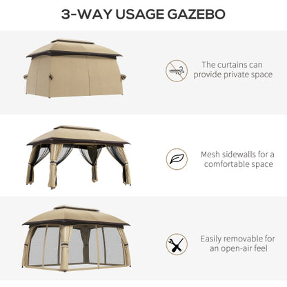 Outsunny 10' x 13' Patio Gazebo, Outdoor Gazebo Canopy Shelter with Netting, Vented Roof, Steel Frame for Garden, Lawn, Backyard, and Deck, Beige