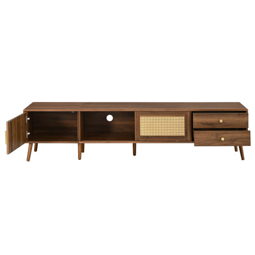 76.7 inch Natural Wood PE Rattan TV Stand Rubber Wood Leg Media Console Fits Up To 85 inch TV