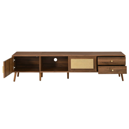 76.7 inch Natural Wood PE Rattan TV Stand Rubber Wood Leg Media Console Fits Up To 85 inch TV
