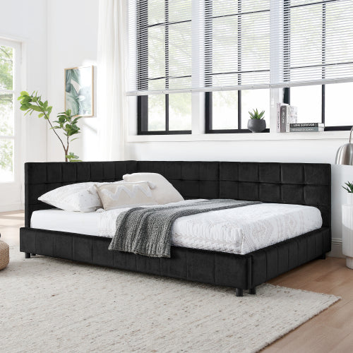 Full Size Upholstered Tufted  Bed Frame, Sofa Bed Frame with Comfortable Backrest and Armrests, Full Size Bed for Bedroom, Living Room,Velvet, Black(80.5inch *59inch *30.5inch )