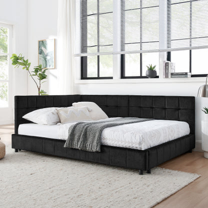 Full Size Upholstered Tufted  Bed Frame, Sofa Bed Frame with Comfortable Backrest and Armrests, Full Size Bed for Bedroom, Living Room,Velvet, Black(80.5inch *59inch *30.5inch )