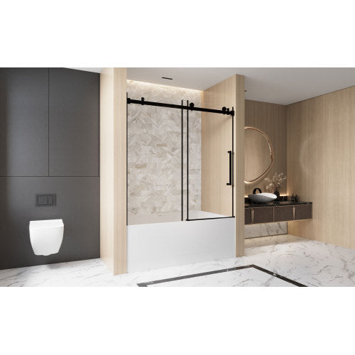 Frameless Single sliding shower door 56-60 "W x 60" H, 1/4 "(6 mm) Clear Tempered Glass, Explosion Proof Film, Stainless Steel Handle,Square Tube Track ,Matte Black