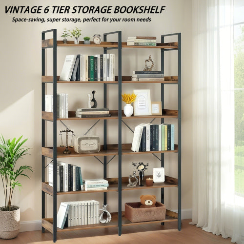 67 Inch 6 Tier Industrial Wooden Open Bookshelf Metal Frame Home Display Rack