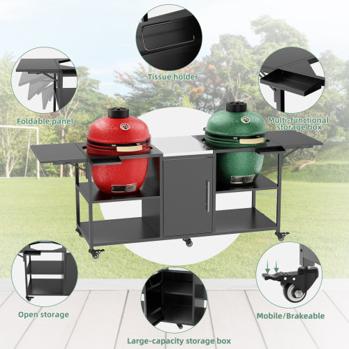Outdoor Grill Cart for Two Big Green Egg, Metal Grill Table Compatible with Large Big Green Egg,Kamado Joe 18 Inch,and other similar models