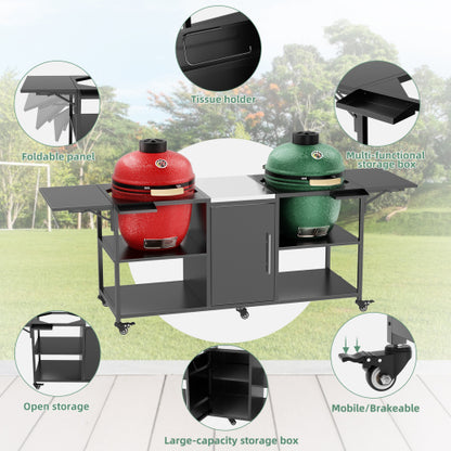 Outdoor Grill Cart for Two Big Green Egg, Metal Grill Table Compatible with Large Big Green Egg,Kamado Joe 18 Inch,and other similar models