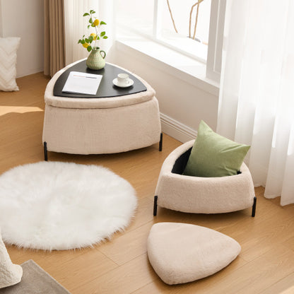 29.9 Inch Light Camel 2-Piece Nesting Faux Fur Storage Ottoman Set, Reversible Tray Lid Footstool with Metal Legs, 275 LBS