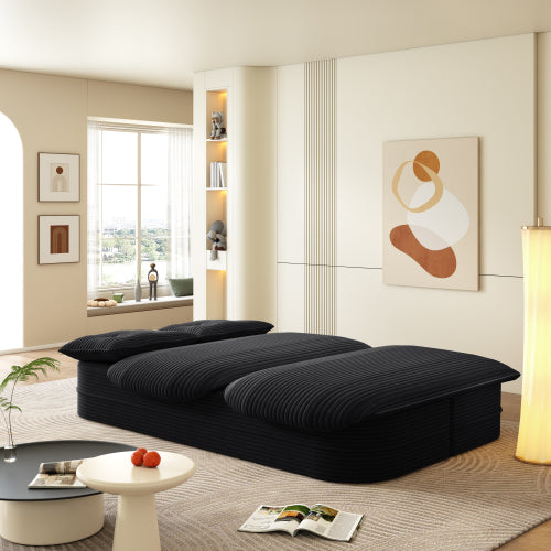 78.7-Inch Black Convertible Corduroy Sleeper Floor Sofa-Bed with Zip-On Blanket & 2 Pillows No-Assembly
