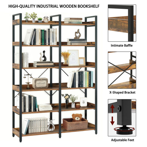 67 Inch 6 Tier Industrial Wooden Open Bookshelf Metal Frame Home Display Rack
