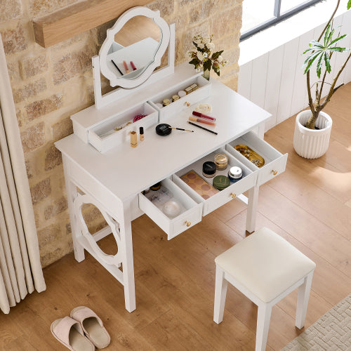 White Compact Vanity Table Set with Reversible Adjustable Mirror, 5 Drawer Storage & PU Cushioned Stool