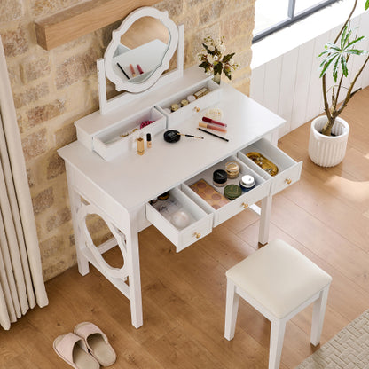 White Compact Vanity Table Set with Reversible Adjustable Mirror, 5 Drawer Storage & PU Cushioned Stool