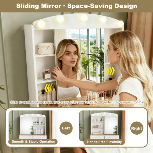 White Small Vanity Desk with Mirror & Lights, Sliding Mirror, 2 Fluted Drawers, 3 Lighting Colors, Natural Wood Accent