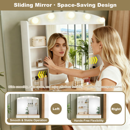 White Small Vanity Desk with Mirror & Lights, Sliding Mirror, 2 Fluted Drawers, 3 Lighting Colors, Natural Wood Accent