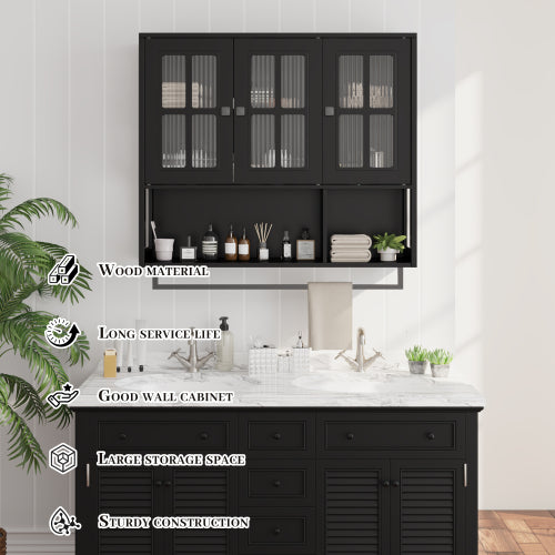 Bathroom Wall Cabinet, 3-Door Wooden Wall Cabinet with Open and Hidden Storage Space, Medicine Cabinet with Glass Door and Towel Bar for Entryway Living Room Bathroom Dining Room,Black