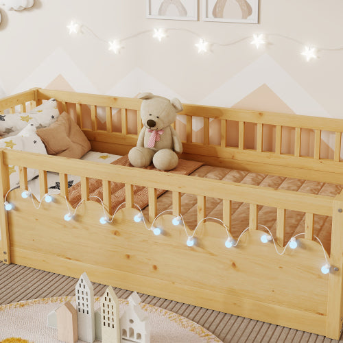 Twin Montessori Floor Bed Frame with High Rails, Wood Kids Floor Beds with Light and Storage Shelf, Natural