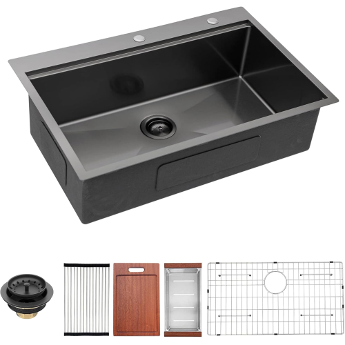 33 Inch Gunmetal Black Drop in Workstation kithchen Sink -33 "x 22" 16 Gauge Topmount Drop in Single Bowl Stainless Steel Kitchen Sink with Accessories