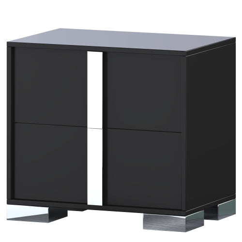 Elegant Nightstand with Metal Foot, Mirrored Bedside Table with 2 Drawers for Bedroom, Living Room, Black