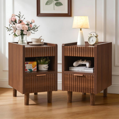 Walnut Fluted Nightstands Set of 2 with Drawer and Open Storage