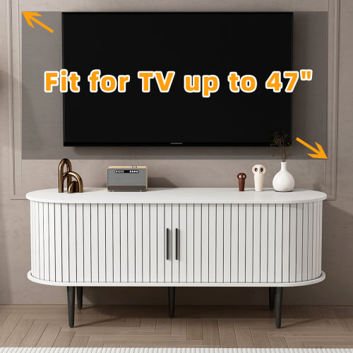 47 Inch White Mid-Century Media Console Fluted Sliding Door MDF TV Stand with Metal Support Legs