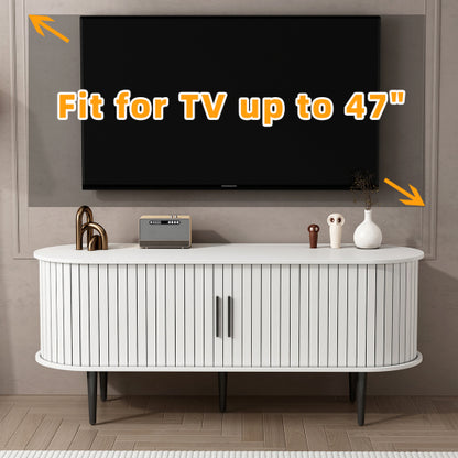 47 Inch White Mid-Century Media Console Fluted Sliding Door MDF TV Stand with Metal Support Legs