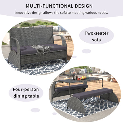 U_STYLE 2-in-1 Convertible Picnic Upholstered Bench Table,57.1" Outdoor Loveseat,Portable Picnic Table Couch,Convertible To 4 Seats&1 Table,For Garden,Lawn,Backyard,Porch,Patio