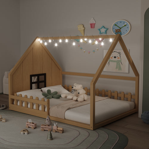 Full Size Wood House Bed with Window and Fence, Natural