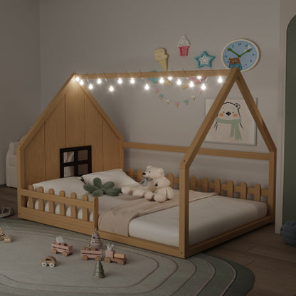 Full Size Wood House Bed with Window and Fence, Natural