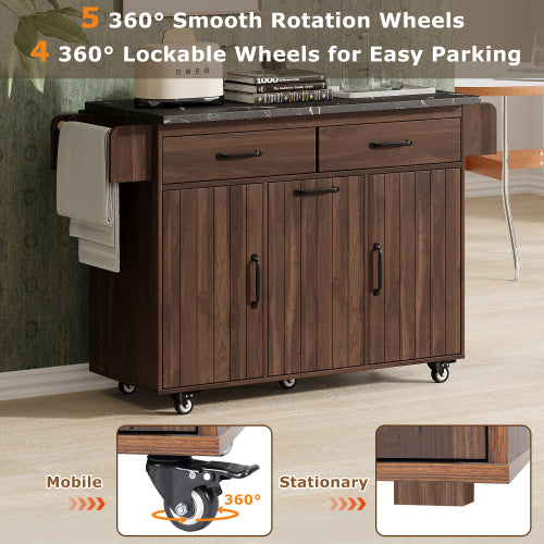 Walnut Brown Rolling Kitchen Island Cart With Trash Can Storage