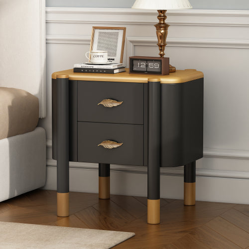 Black Curved Nightstand, 2-Drawer Bedside Table with Feather-Shaped Metal Handles & Tall Legs