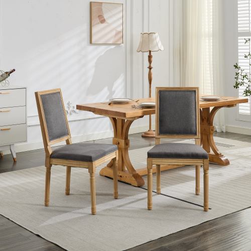 Set of 2 Gray French Louis Square Back Carved Solid Wood Dining Chairs, Antique Painted Frame 300 LBS Load